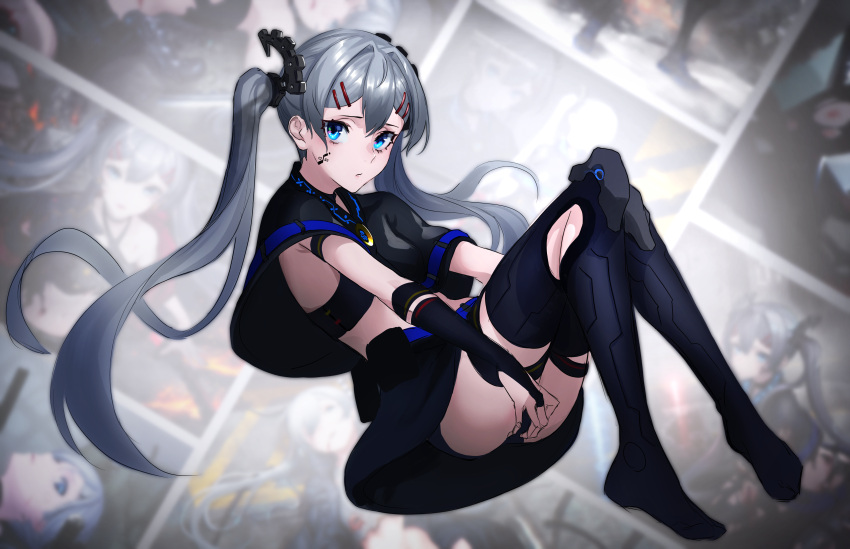 1girl absurdres android asagon007 blue_eyes cyborg einherjar_azena grey_hair hair_ornament highres holding long_hair looking_at_viewer midriff navel original science_fiction silver_hair solo twintails weapon