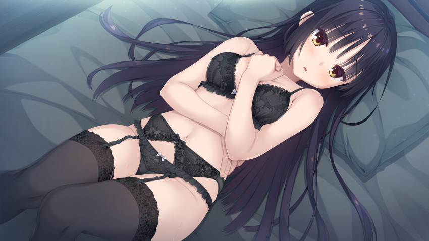 1girl black_bra black_hair black_legwear black_panties blush bra breasts cafe_stella_to_shinigami_no_chou eyebrows_visible_through_hair game_cg garter_belt hand_on_own_chest highres indoors kobuichi lace_trim lingerie lying medium_breasts mole mole_under_eye navel on_back on_bed panties parted_lips shiki_natsume solo sweat thigh-highs underwear underwear_only yellow_eyes