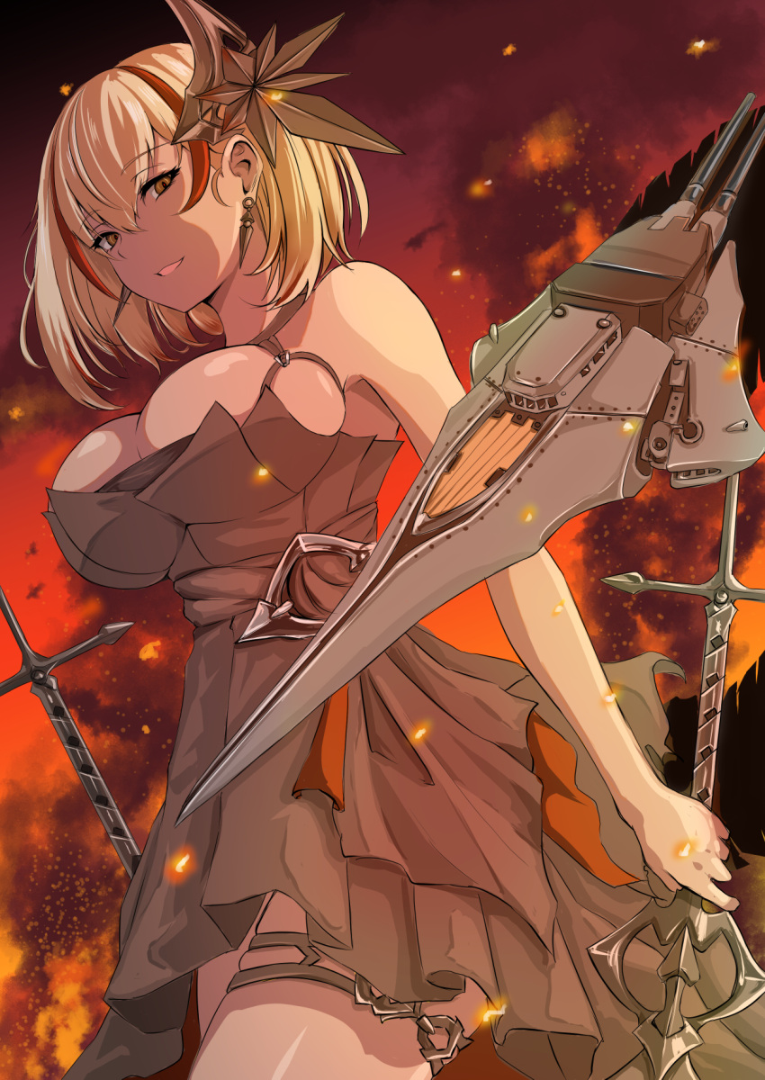 1girl alternate_costume azur_lane bangs bare_shoulders black_dress blonde_hair breasts brown_eyes chushou_wang dress earrings eyebrows_visible_through_hair hair_between_eyes hair_ornament highres holding holding_sword holding_weapon jewelry large_breasts looking_at_viewer multicolored_hair parted_lips redhead rigging roon_(azur_lane) roon_(dark_red_grin)_(azur_lane) short_hair smile solo streaked_hair sword thighlet weapon