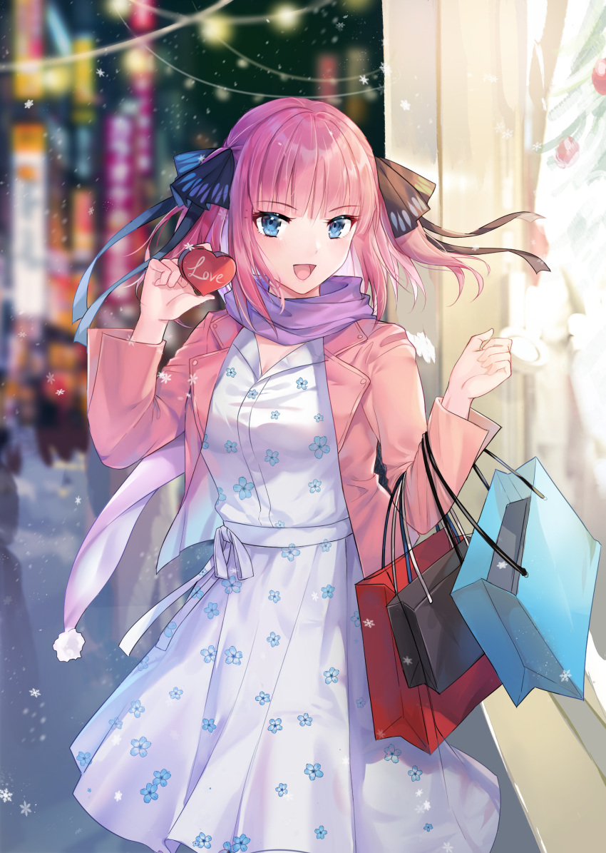1girl :d absurdres bag bangs blue_eyes blunt_bangs blurry blurry_background blush butterfly_hair_ornament city commentary_request depth_of_field dress english_text eyebrows_visible_through_hair feet_out_of_frame floral_print go-toubun_no_hanayome hair_ornament heart highres holding jacket long_sleeves looking_at_viewer nakano_nino night oenothera open_clothes open_jacket open_mouth outdoors pink_hair pink_jacket print_dress purple_scarf scarf shopping_bag short_hair smile solo standing storefront two_side_up white_dress