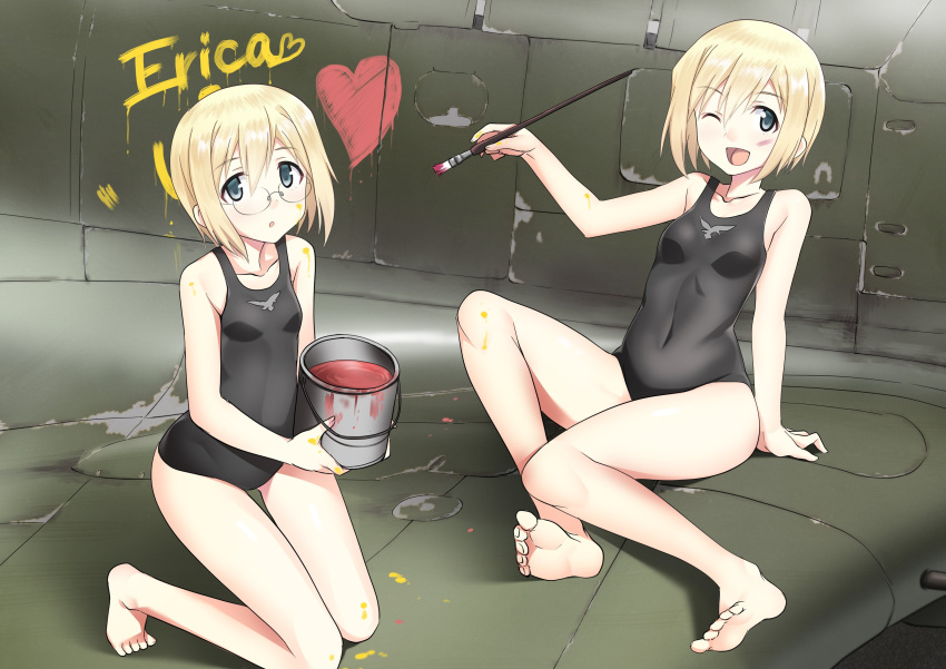 2girls :o a9b_(louis814) absurdres arm_support ass_visible_through_thighs blonde_hair breasts character_name covered_navel erica_hartmann fw_190 heart highres kneeling looking_at_viewer multiple_girls one_eye_closed paint_on_body paint_on_face paintbrush rimless_eyewear school_swimsuit short_hair siblings sisters sitting small_breasts smile strike_witches swimsuit twins ursula_hartmann world_witches_series