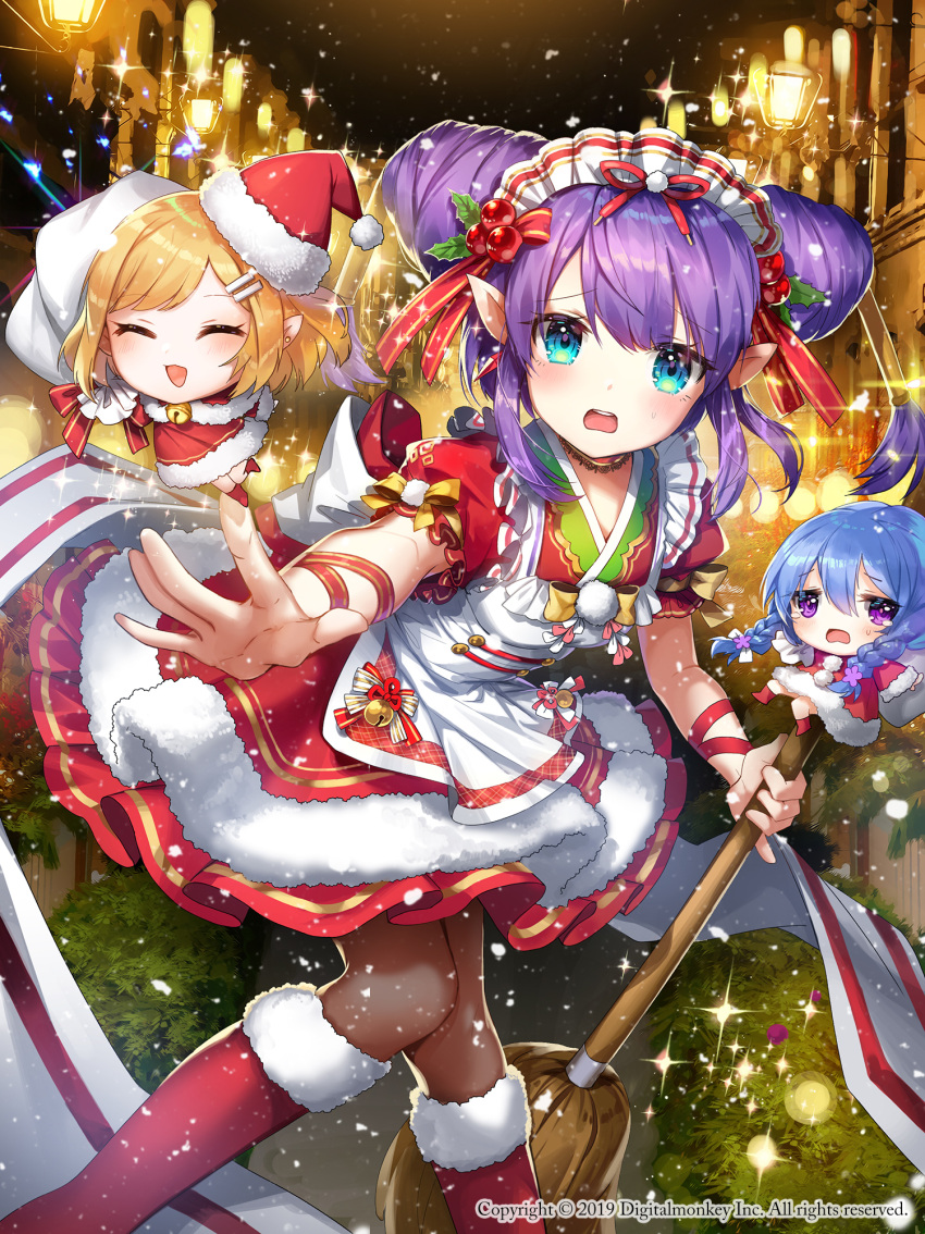3girls :d apple_caramel apron bell blonde_hair blue_eyes blue_hair breasts broom chibi closed_eyes copyright_request dated double_bun earrings elf frown hair_ornament hair_ribbon hairclip highres holly_hair_ornament huge_filesize jewelry jingle_bell midair multiple_girls official_art open_mouth pantyhose pointy_ears purple_hair red_footwear red_legwear red_ribbon ribbon short_hair short_sleeves sidelocks small_breasts smile standing watermark