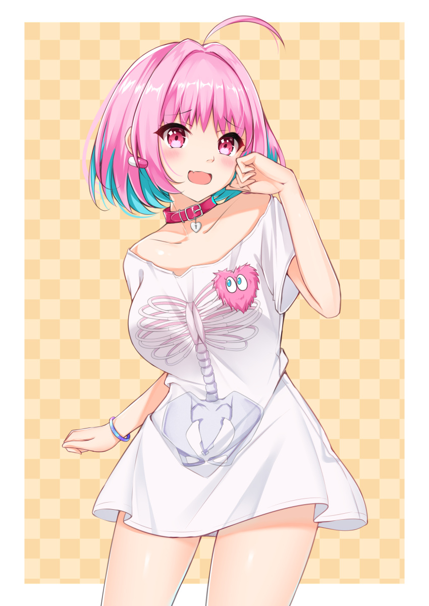1girl absurdres ahoge bangs blue_hair blush breasts collar collarbone commentary_request eyebrows_visible_through_hair fang hair_intakes heart highres idolmaster idolmaster_cinderella_girls jewelry large_breasts looking_at_viewer multicolored_hair open_mouth pink_collar pink_eyes pink_hair shirt short_hair short_sleeves solo t-shirt tming two-tone_hair yumemi_riamu