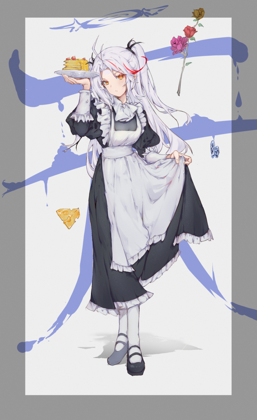 1girl absurdres alternate_costume apron azur_lane black_dress black_footwear cake cake_slice cheese dress enmaided food frilled_apron frills full_body highres holding holding_plate long_hair looking_at_viewer lyusir maid maid_apron multicolored_hair orange_eyes plate prinz_eugen_(azur_lane) redhead shoes simple_background skirt_hold streaked_hair twintails two-tone_hair very_long_hair white_apron white_legwear