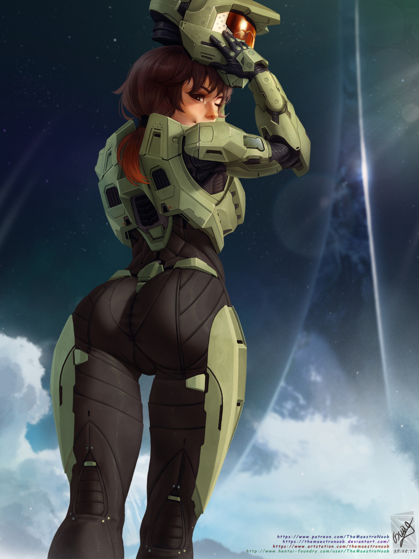 1girl ass black_bodysuit bodysuit brown_eyes brown_hair from_behind georgy_stacker halo_(game) headwear_removed helmet helmet_removed highres lens_flare low_ponytail one_eye_closed power_armor ribbed_bodysuit ringworld short_ponytail sky solo space spartan_(halo) star_(sky) starry_sky watermark web_address