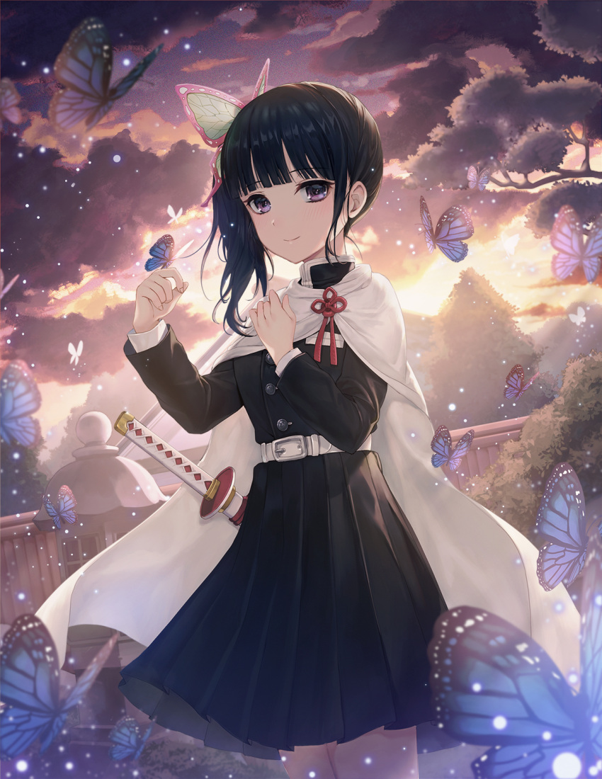 1girl bangs belt black_hair black_skirt blue_butterfly blunt_bangs blurry blush breasts bug butterfly butterfly_hair_ornament butterfly_on_hand cape clouds cowboy_shot depth_of_field fence hair_ornament highres insect katana kimetsu_no_yaiba knot light_particles long_sleeves looking_at_viewer outdoors pleated_skirt rwael side_ponytail skirt skirt_set sky small_breasts smile solo stone_lantern sword tree tsuyuri_kanao violet_eyes weapon white_cape