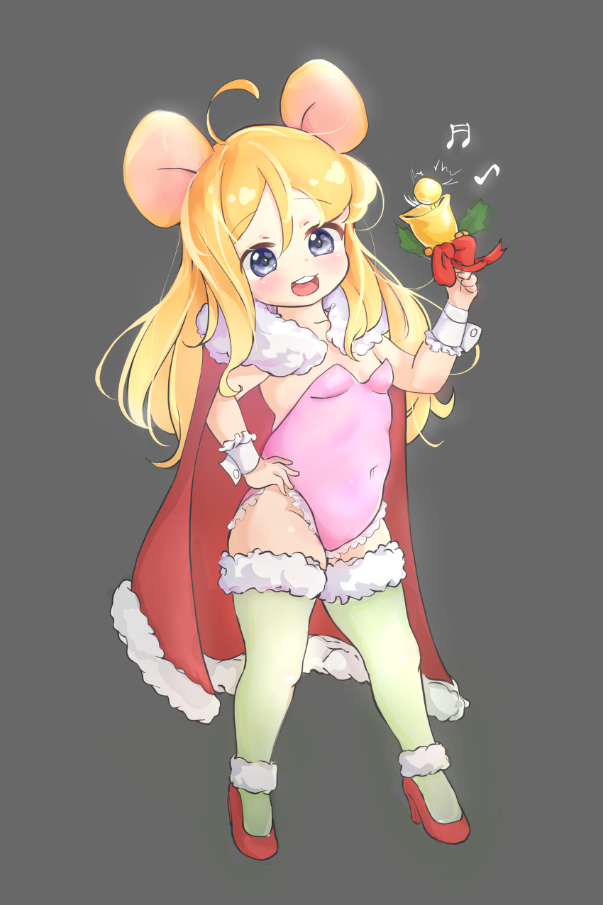 1girl absurdres ahoge animal_ears arm_up bell blonde_hair blue_eyes breasts bunnysuit cape christmas covered_navel frilled_leotard frills full_body fur_trim grey_background hand_on_hip high_heels highres leotard long_hair mouse_ears no_tail open_mouth original pink_leotard red_cape red_footwear shoes simple_background small_breasts smile solo strapless strapless_leotard thigh-highs thighs white_legwear wrist_cuffs