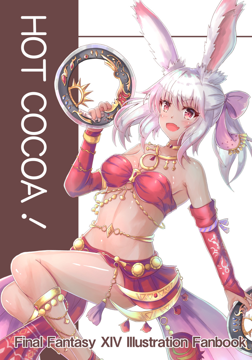 1girl absurdres animal_ears bandeau bangs bare_shoulders bow breasts chakram choker cocoasabure cover cover_page dancer_(final_fantasy) dark_skin detached_sleeves english_text eyebrows_visible_through_hair fang final_fantasy final_fantasy_xiv hair_bow highres holding holding_weapon jewelry looking_at_viewer medium_breasts open_mouth rabbit_ears red_eyes short_hair silver_hair smile solo viera weapon