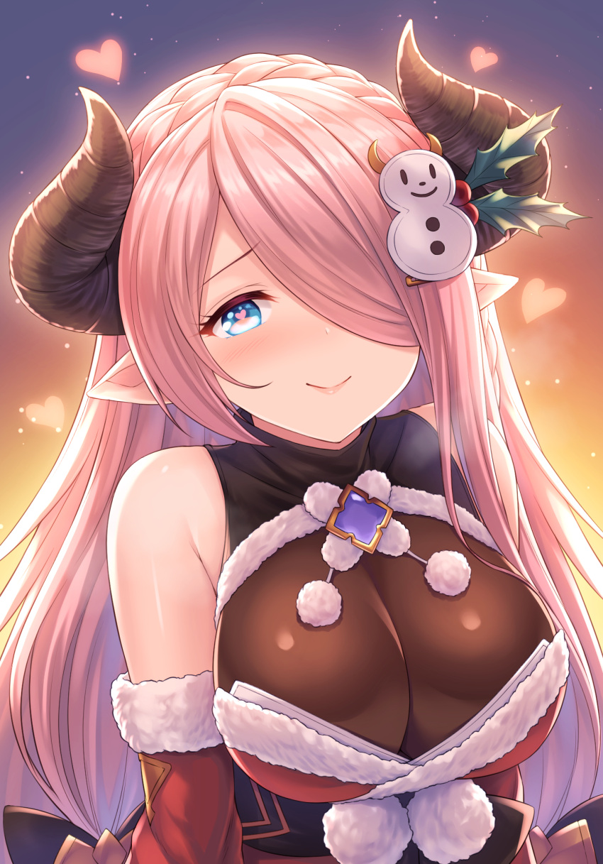 1girl bare_shoulders black_bow blue_eyes blush bow braid breasts closed_mouth detached_sleeves draph fur_trim granblue_fantasy hair_bow hair_ornament hair_over_one_eye hairclip heart heart-shaped_pupils highres horns large_breasts lips long_hair looking_at_viewer mistletoe narmaya_(granblue_fantasy) obi pointy_ears pom_pom_(clothes) sash smile snowman_hair_ornament solo symbol-shaped_pupils tomo_(user_hes4085) upper_body