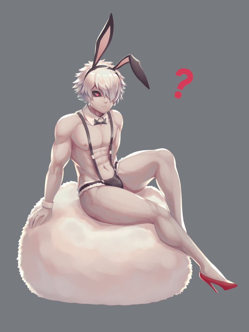 1boy ? bare_shoulders black_sclera bunny_hair_ornament commentary_request grey_background hair_ornament hair_over_one_eye highres juuni_taisen navel red_eyes red_footwear salmon_(657931354) short_hair simple_background sitting solo white_hair wrist_cuffs