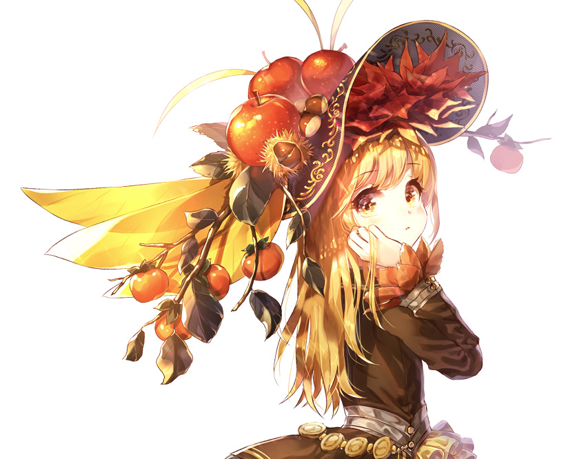 1girl apple autumn_leaves bangs belt black_dress black_headwear blonde_hair blush chestnut commentary_request dress eyebrows_visible_through_hair food from_side fruit hand_on_own_cheek hand_up hat_ornament highres leaf leaf_trim long_hair long_sleeves looking_at_viewer looking_to_the_side original solo tomato upper_body user_kgck7432 yellow_eyes