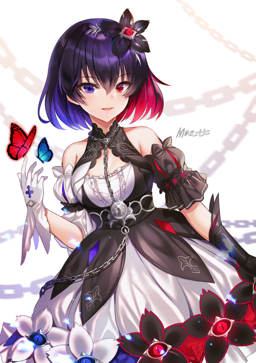 1girl absurdres ahoge bangs bare_shoulders black_dress black_gloves black_hair blue_eyes blue_hair blush breasts bug butterfly chain cowboy_shot dark_persona detached_sleeves dress gloves hair_between_eyes hair_ornament heterochromia highres honkai_(series) honkai_impact_3rd insect long_hair looking_at_viewer maett multicolored_hair red_eyes redhead seele_vollerei seele_vollerei_(stygian_nymph) short_hair small_breasts smile split_theme streaked_hair third_eye two-tone_hair veliona white_gloves