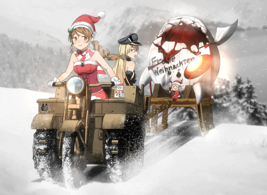 3girls annin_musou antlers bare_shoulders bell bismarck_(kantai_collection) blonde_hair blue_eyes blush brown_eyes brown_gloves brown_hair christmas commentary_request detached_sleeves driving enemy_aircraft_(kantai_collection) eyebrows_visible_through_hair fairy_(kantai_collection) fringe_trim fur_trim glasses gloves grey_hair ground_vehicle hair_between_eyes half-track hat kantai_collection kettenkrad littorio_(kantai_collection) long_hair military military_uniform motor_vehicle multiple_girls open_mouth peaked_cap pince-nez pom_pom_(clothes) reindeer_antlers roma_(kantai_collection) santa_costume santa_hat scarf shinkaisei-kan smile snow snowing snowman striped striped_scarf the_roma-like_snowman uniform white_gloves