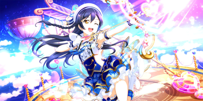 archery blue_hair blush brown_eyes dress long_hair love_live!_school_idol_festival_all_stars smile sonoda_umi wink