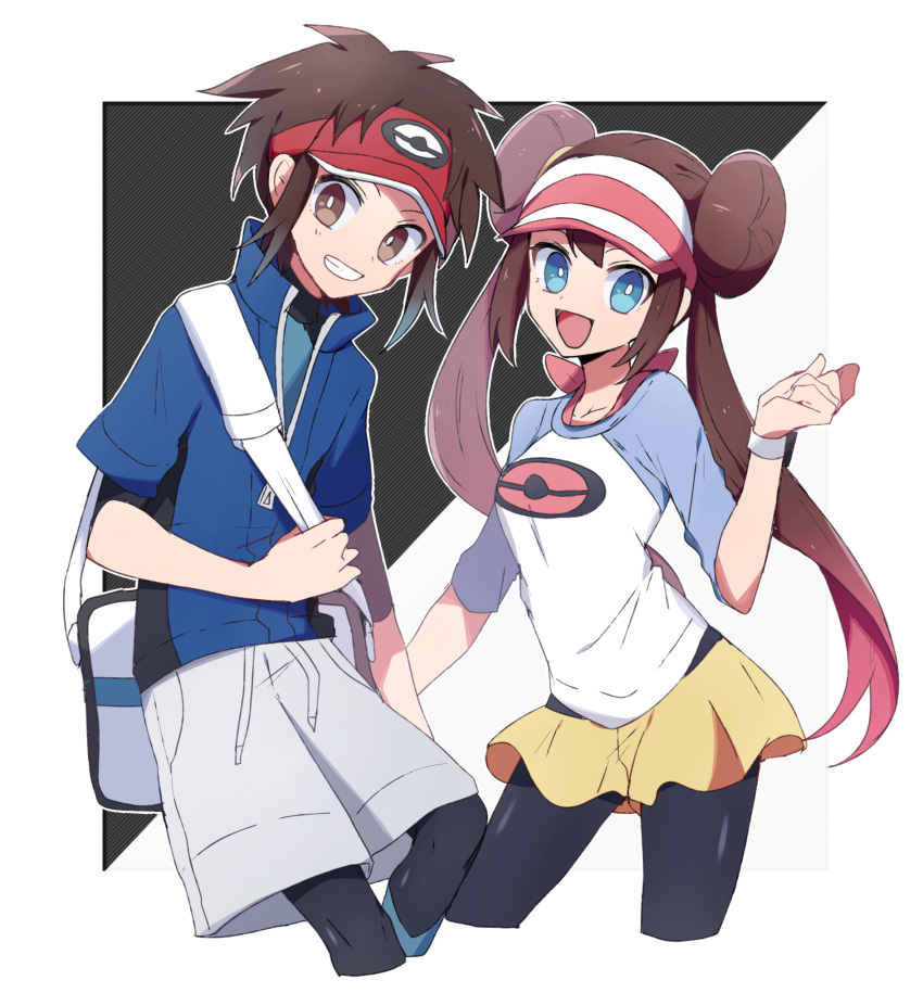 1boy 1girl :d bag black_legwear blue_eyes blue_shirt bow bright_pupils brown_eyes brown_hair carrying cropped_legs double_bun drawstring duffel_bag gradient_hair grey_shorts grin hat highres kyouhei_(pokemon) legwear_under_shorts long_hair mei_(pokemon) multicolored_hair nanashiba_(banntlla) open_mouth pantyhose pink_bow pink_hair pink_headwear poke_ball_symbol pokemon pokemon_(game) pokemon_bw2 print_hat print_shirt raglan_sleeves red_headwear shirt short_shorts short_sleeves shorts side-by-side smile twintails very_long_hair visor_cap white_pupils white_shirt yellow_shorts zipper