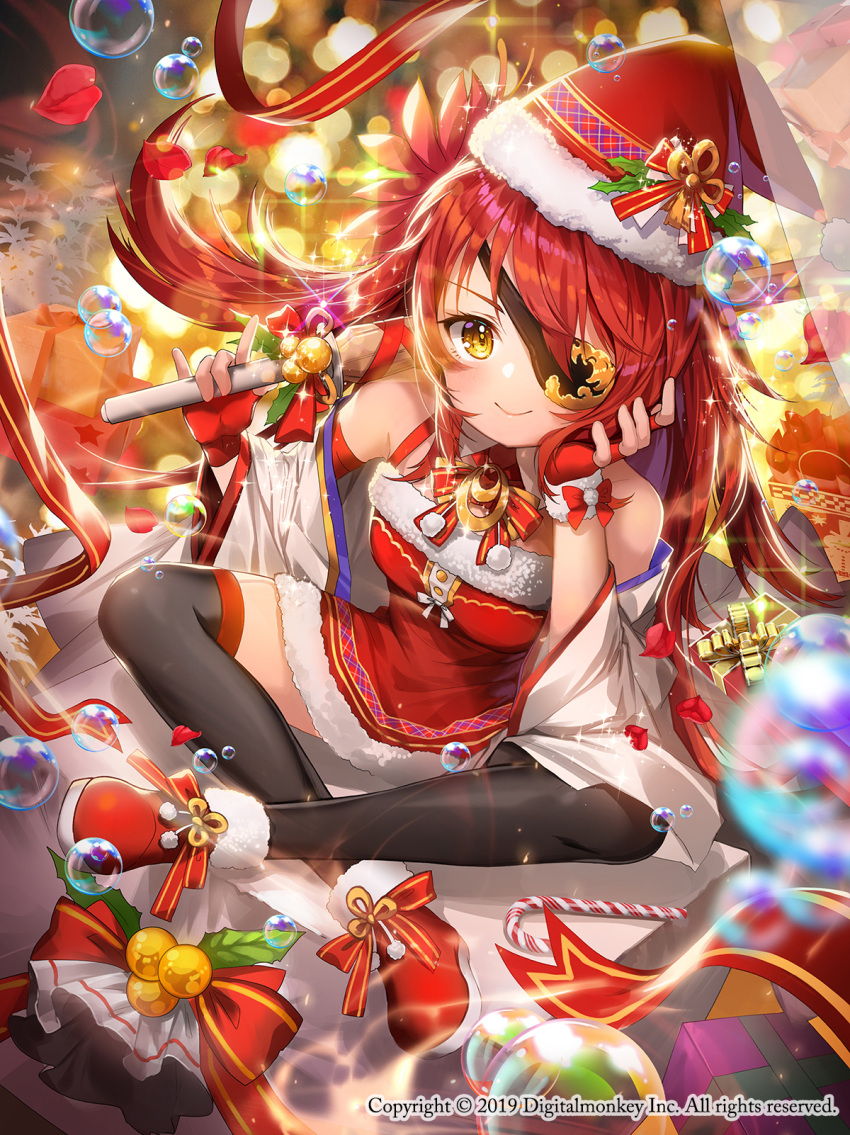 1girl apple_caramel black_legwear bow breasts bubble candy candy_cane christmas crossed_ankles eyepatch fingerless_gloves food full_body gift gloves hat hat_ornament highres holding holding_weapon looking_at_viewer medium_breasts original over_shoulder red_bow red_footwear red_gloves red_headwear red_ribbon redhead ribbon santa_hat sitting smile thigh-highs watermark weapon yellow_eyes