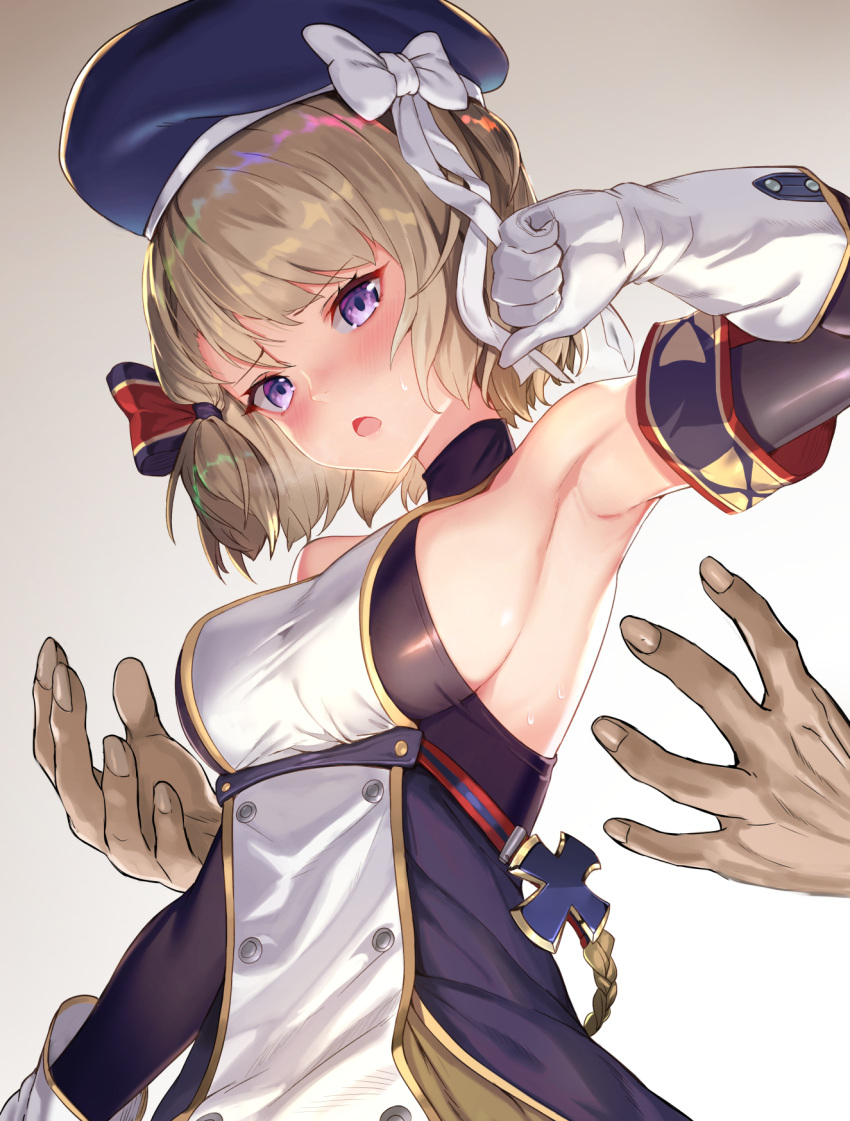 1boy 1girl arm_up armpits azur_lane bangs bare_shoulders beret black_headwear bow breasts brown_hair detached_sleeves disembodied_limb elbow_gloves eyebrows_visible_through_hair from_below gloves gradient gradient_background grey_background hat hat_bow highres iron_cross medium_breasts open_mouth rubellent short_hair sideboob sweat upper_body violet_eyes white_bow white_gloves z23_(azur_lane)