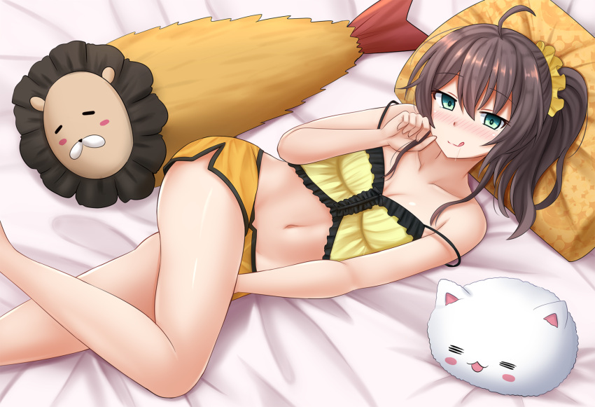 1girl :q =_= ahoge angora_rabbit bangs bare_arms bare_legs bare_shoulders bed_sheet black_hair blush_stickers breasts camisole closed_mouth collarbone commentary crop_top crossover drooling ebi_frion_(matsuri_channel) eyebrows_visible_through_hair feet_out_of_frame frilled_camisole frills gochuumon_wa_usagi_desu_ka? green_eyes hair_between_eyes hair_ornament hair_scrunchie highres hololive kazenokaze long_hair looking_at_viewer lying midriff natsuiro_matsuri navel on_side one_side_up orange_shorts pillow rabbit saliva scrunchie short_shorts shorts small_breasts smile solo tippy_(gochiusa) tongue tongue_out virtual_youtuber yellow_camisole yellow_scrunchie
