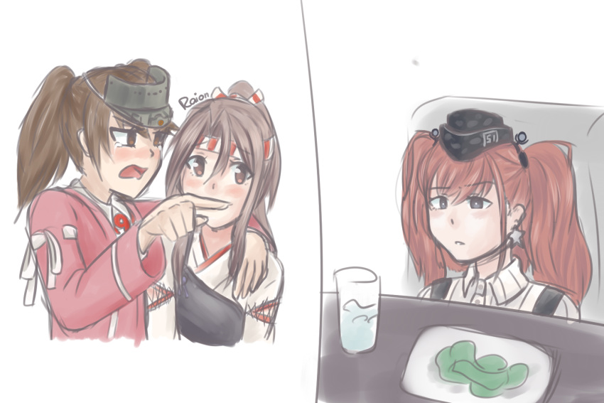 3girls artist_name artist_request atlanta_(kantai_collection) blush breast_envy brown_eyes brown_hair commentary crying crying_with_eyes_open earrings english_commentary garrison_cap glass grey_eyes hachimaki hair_intakes hand_on_another's_shoulder hat headband high_ponytail japanese_clothes jewelry kantai_collection kariginu long_sleeves look-alike meme multiple_girls muneate open_mouth pointing_at_another ryuujou_(kantai_collection) shirt star star_earrings suspenders tears twintails upper_body visor_cap white_shirt zuihou_(kantai_collection)