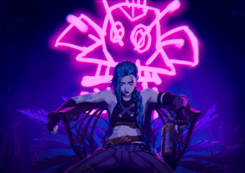 1girl arcane:_league_of_legends arm_tattoo asymmetrical_bangs bangs bare_shoulders belt blue_hair braid breasts closed_mouth cloud_tattoo commentary_request crop_top fingerless_gloves gloves glowing gun highres holding holding_gun holding_weapon jinx_(league_of_legends) league_of_legends long_hair looking_at_viewer navel pants sad shouhei sitting smile solo striped striped_pants tattoo very_long_hair weapon