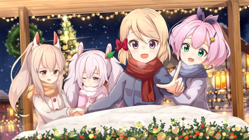 4girls :d ;) ame. animal_ears ayanami_(azur_lane) azur_lane bangs black_ribbon blue_scarf blush bow breath brown_jacket brown_scarf christmas christmas_ornaments christmas_tree christmas_wreath closed_mouth commentary_request eyebrows_visible_through_hair fringe_trim green_eyes grey_jacket hair_between_eyes hair_bow hair_ornament hair_ribbon headgear high_ponytail jacket javelin_(azur_lane) laffey_(azur_lane) light_brown_hair long_sleeves looking_at_viewer multiple_girls night night_sky one_eye_closed open_mouth outdoors pink_hair pink_jacket pointing ponytail rabbit_ears red_bow red_eyes red_scarf ribbon scarf sidelocks silver_hair sky smile snow snowing star star_hair_ornament twintails violet_eyes z23_(azur_lane)