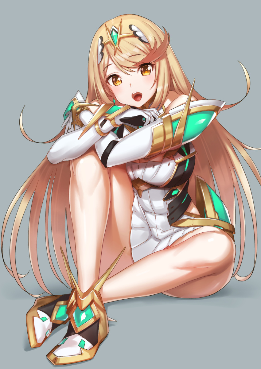 1girl ass bangs black_gloves blonde_hair breasts commentary_request dress elbow_gloves gloves green322 highres mythra_(xenoblade) large_breasts legs long_hair looking_at_viewer simple_background sitting solo thighs v white_background xenoblade_(series) xenoblade_2 yellow_eyes
