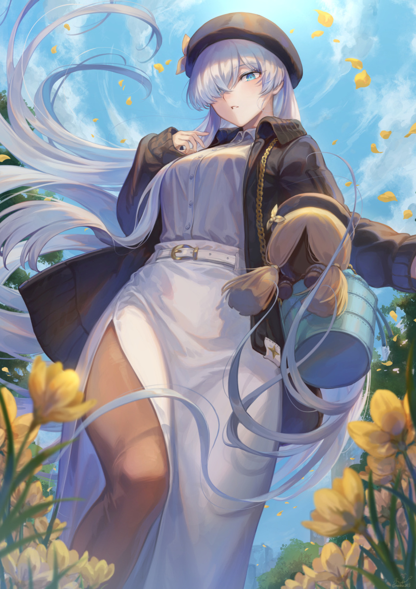 1girl alternate_costume anastasia_(fate/grand_order) bangs belt black_headwear black_jacket blue_eyes blue_sky blush breasts brown_legwear chain contemporary doll dress fate/grand_order fate_(series) field flower flower_field hair_over_one_eye hat highres jacket long_sleeves looking_at_viewer mashuu_(neko_no_oyashiro) open_clothes open_jacket pantyhose parted_lips petals silver_hair sky solo thighs viy white_dress