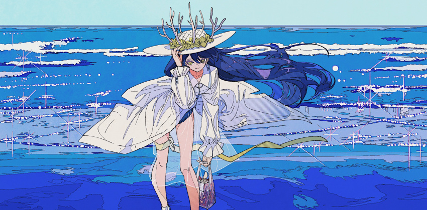 1girl arm_up bag bangs blue_hair blue_sky collarbone collared_dress commentary_request day dress eyebrows_behind_hair floating_hair hair_between_eyes hand_on_headwear hat highres holding holding_bag horizon kogecha_(coge_ch) leaning_forward ligne_claire long_hair long_sleeves looking_at_viewer ocean original outdoors parted_lips puffy_long_sleeves puffy_sleeves see-through sky sleeves_past_wrists solo sparkle sun_hat very_long_hair water white_dress white_headwear yellow_eyes