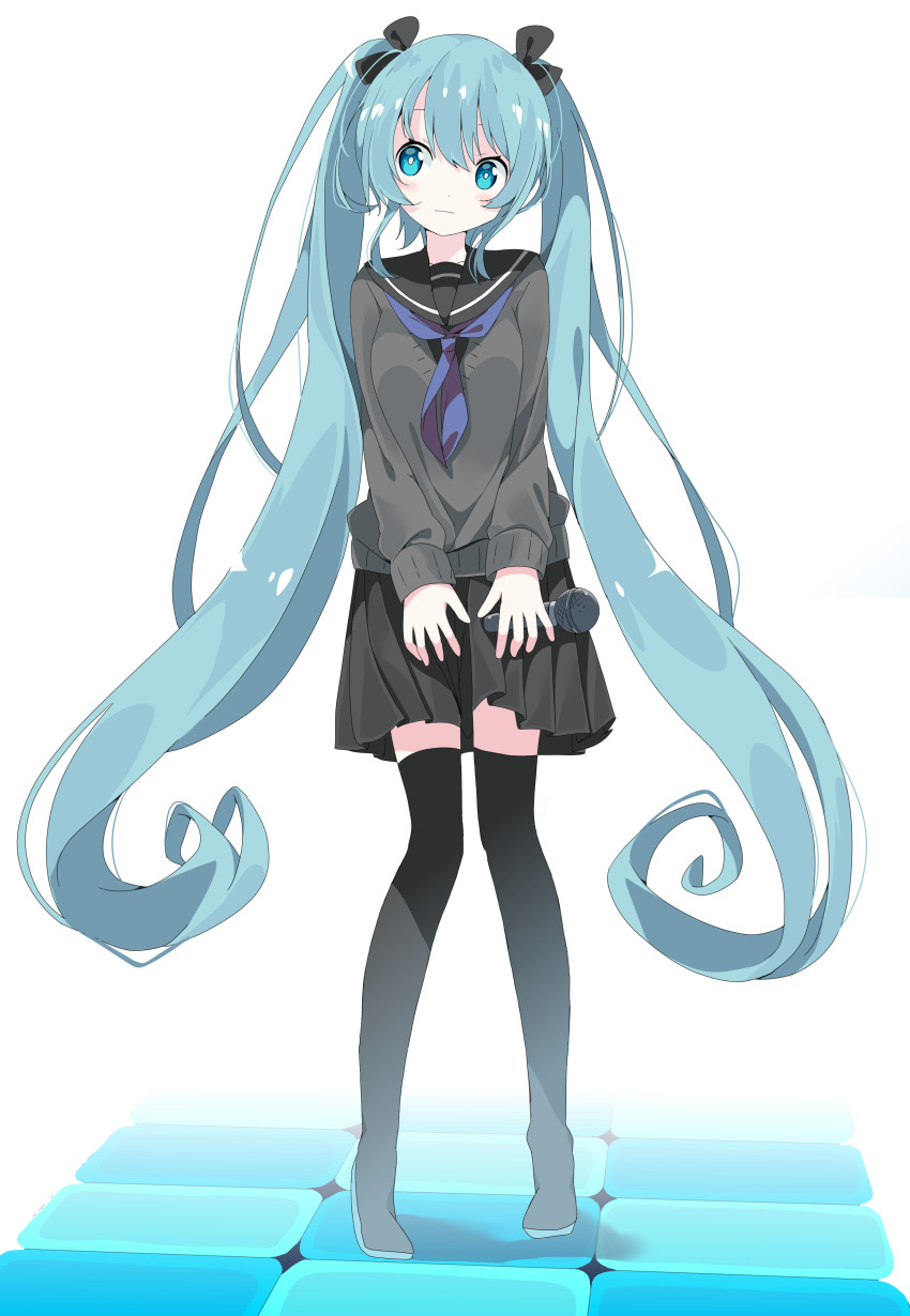 1girl absurdres bangs black_bow black_footwear black_legwear black_sailor_collar black_serafuku black_shirt black_skirt blue_eyes blue_hair blush boots bow breasts closed_mouth commentary eyebrows_behind_hair full_body grey_sweater hair_between_eyes hair_bow hatsune_miku highres holding holding_microphone long_hair looking_away looking_to_the_side microphone neckerchief pleated_skirt purple_neckwear sailor_collar school_uniform serafuku shirt skirt small_breasts solo standing sweater tantan_men_(dragon) thigh-highs thigh_boots twintails very_long_hair vocaloid white_background