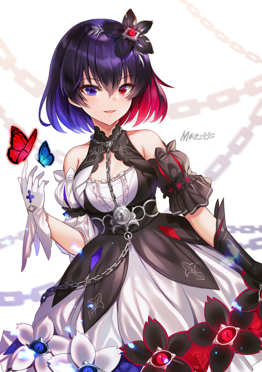 1girl absurdres bangs bare_shoulders black_dress black_gloves black_hair blue_eyes blue_hair blush breasts bug butterfly chain cowboy_shot dark_persona detached_sleeves dress gloves hair_between_eyes hair_ornament heterochromia highres honkai_(series) honkai_impact_3rd insect long_hair looking_at_viewer maett multicolored_hair red_eyes redhead seele_vollerei seele_vollerei_(stygian_nymph) short_hair small_breasts smile split_theme streaked_hair third_eye veliona white_gloves