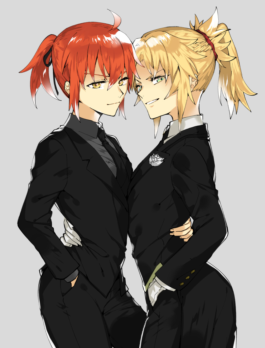 2girls absurdres ahoge bangs black_jacket black_neckwear black_pants blonde_hair braid buttons closed_mouth collar collared_jacket collared_shirt fate/grand_order fate_(series) flower formal french_braid fujimaru_ritsuka_(female) gloves grey_background grey_shirt hair_ornament hair_scrunchie hand_in_pocket hand_on_another's_hip high_ponytail highres isaka jacket long_sleeves looking_at_viewer mordred_(fate) mordred_(fate)_(all) multiple_girls necktie pants parted_lips redhead scrunchie shirt short_hair short_ponytail simple_background smile standing suit white_flower white_gloves white_shirt yellow_eyes