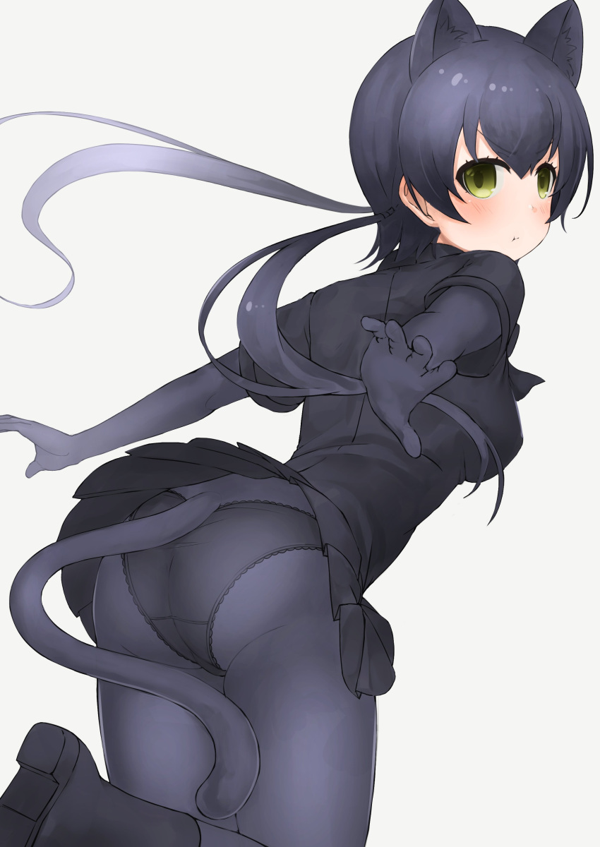 1girl :t absurdres animal_ears ass black_footwear black_hair black_leopard_(kemono_friends) black_panties black_shirt black_skirt bodystocking boots closed_mouth deku_suke extra_ears eyebrows_visible_through_hair floating_hair from_behind green_eyes grey_background highres kemono_friends leaning_forward leopard_ears leopard_tail long_hair long_sleeves looking_at_viewer looking_back outstretched_arms panties see-through shirt shoe_soles short_over_long_sleeves short_sleeves simple_background skirt solo tail twintails underwear v-shaped_eyebrows very_long_hair
