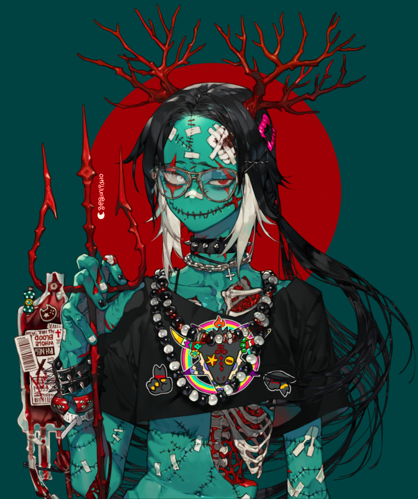 1girl bandages bangs barcode bead_necklace beads black_hair blood blood_bag bloody_bandages blue_skin bow bra_strap chain_necklace circle collar crop_top cross english_text exposed_bone exposed_muscle glasses goat hair_ornament hairpin heterochromia highres holding holding_weapon horns hospital_band inverted_cross jewelry long_hair looking_at_viewer monster_girl multicolored_hair nail_polish navel necklace original parted_bangs pigeon666 polearm ponytail scar simple_background solo spiked_collar spikes stitched_mouth stitches trident two-tone_hair weapon white_hair
