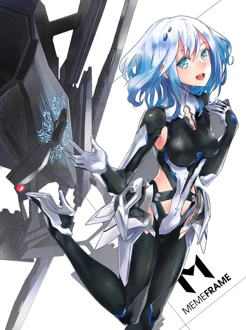 1girl beatless blue_eyes blue_hair breasts cancell elbow_gloves gloves hair_ornament high_heels highres leicia long_sleeves looking_at_viewer medium_breasts medium_hair open_mouth simple_background solo white_background