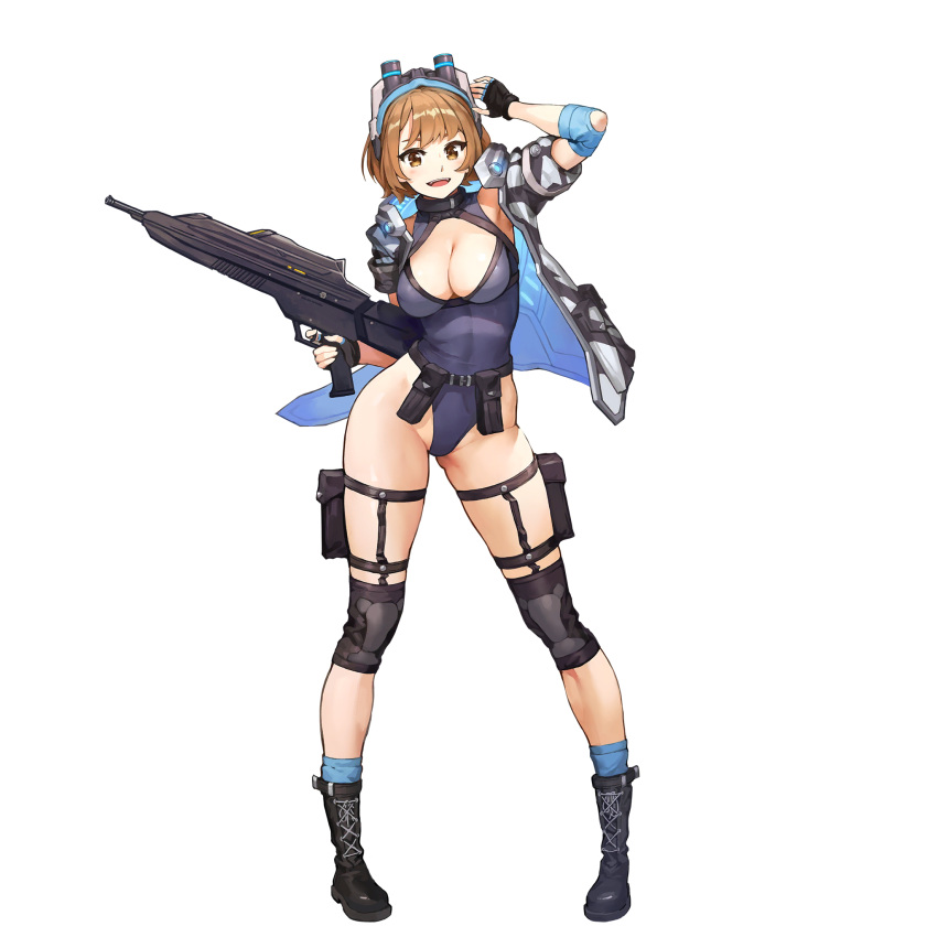 1girl assault_rifle bangs belt boots breasts brown_eyes brown_hair fingerless_gloves gloves goggles goggles_on_head gun highres jacket kakiman kneepits last_origin leotard looking_at_viewer open_mouth rifle smile solo t-2_brownie transparent_background weapon