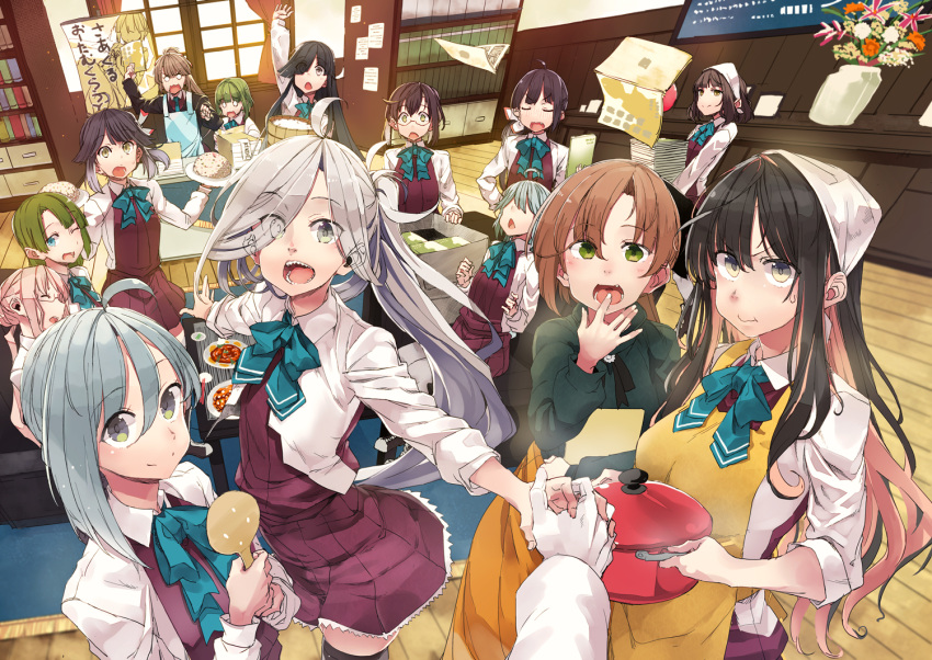 6+girls :d :o ;d admiral_(kantai_collection) ahoge akigumo_(kantai_collection) apron asashimo_(kantai_collection) asymmetrical_bangs bangs black_hair blue_eyes blue_neckwear bob_cut bow bowtie breasts brown_eyes brown_hair closed_eyes dress eyebrows_visible_through_hair facing_viewer flower food fujinami_(kantai_collection) glasses green_eyes green_hair green_sweater grey_eyes grey_hair hair_between_eyes hair_over_eyes hair_over_one_eye hair_ribbon halterneck hamanami_(kantai_collection) hayanami_(kantai_collection) hayashimo_(kantai_collection) hidori_(hibi_toridori) holding holding_food holding_paper holding_pot holding_spoon indoors kantai_collection kazagumo_(kantai_collection) kishinami_(kantai_collection) kiyoshimo_(kantai_collection) large_breasts long_hair long_skirt long_sleeves looking_at_viewer makigumo_(kantai_collection) multicolored_hair multiple_girls naganami_(kantai_collection) okinami_(kantai_collection) one_eye_closed open_mouth orange_apron orange_skirt pantyhose paper pink_hair pleated_dress ponytail pout purple_dress purple_hair purple_legwear ribbon rice school_uniform sharp_teeth shirt short_hair side_ponytail silver_hair skirt sleeping sleeveless sleeveless_dress sleeves_pushed_up smile spoon sweater takanami_(kantai_collection) teeth thigh-highs vase very_long_hair wavy_hair white_ribbon white_shirt yellow_eyes yuugumo_(kantai_collection)