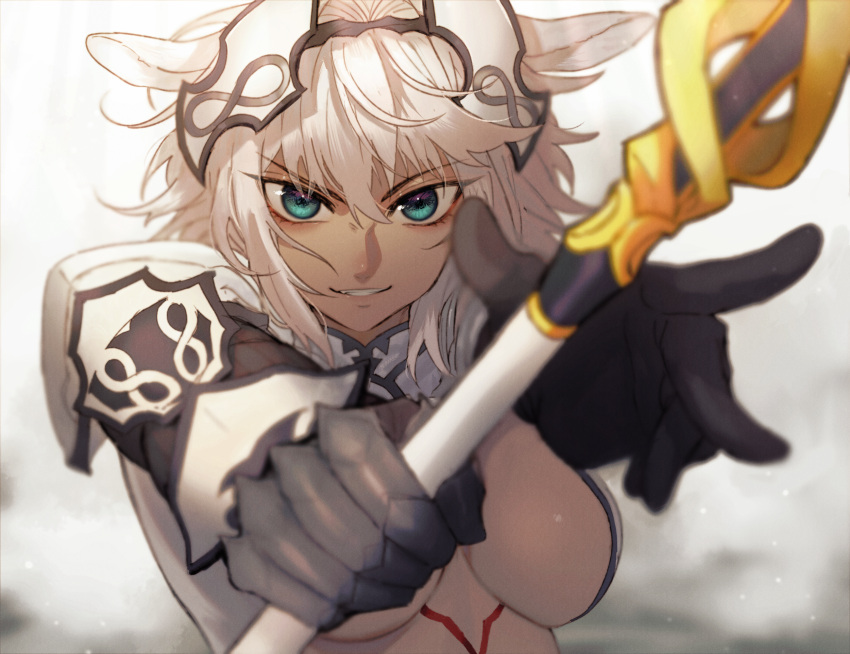 1girl animal_ears armor beam107 black_gloves black_hairband blurry blurry_background body_markings breasts caenis_(fate) commentary_request dark_skin eyebrows_visible_through_hair fate_(series) gauntlets gloves green_eyes grin hair_intakes hairband helmet highres large_breasts long_hair polearm shoulder_plates smile under_boob upper_body weapon white_hair