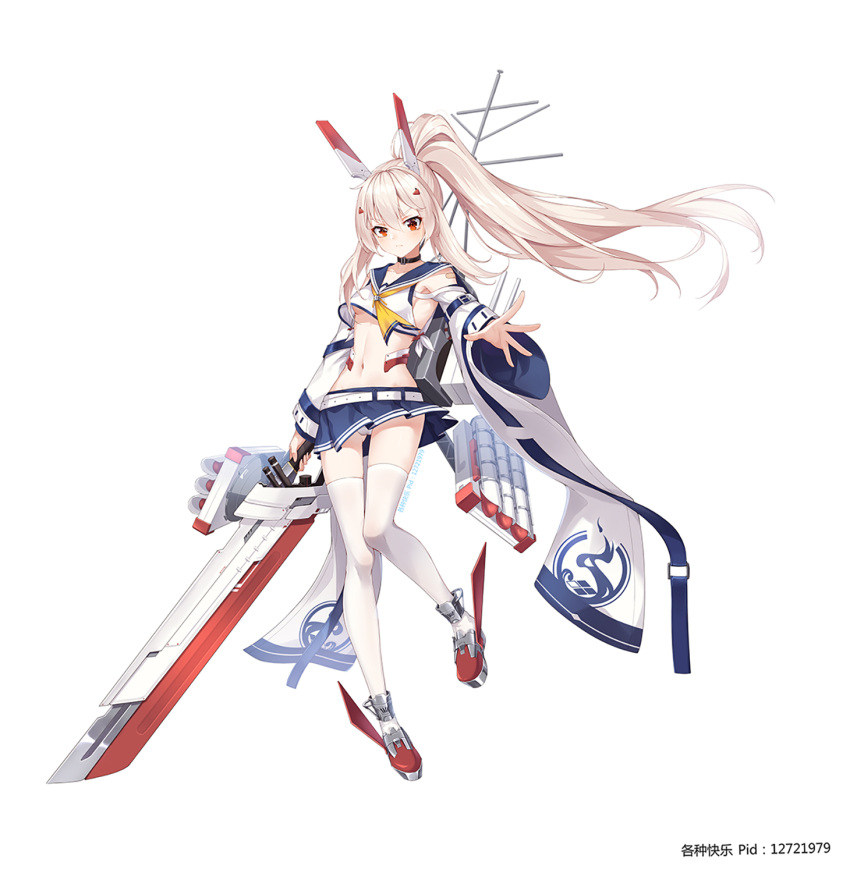 &gt;:( 1girl armpits artist_name ayanami_(azur_lane) azur_lane blurry breasts choker collarbone detached_sleeves ge_zhong_kuaile hair_ornament hairclip headgear highres holding holding_sword holding_weapon long_hair looking_at_viewer machinery navel pleated_skirt red_eyes retrofit_(azur_lane) school_uniform serafuku silver_hair simple_background skirt solo standing sword tachi-e thigh-highs torpedo_tubes under_boob weapon white_background white_legwear wide_sleeves wind zettai_ryouiki