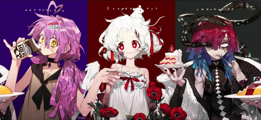 3girls amputee angel_wings animal animal_on_head choker coat collarbone deep_wound dress drinking eating eyelashes flag flower food food_on_face fork fruit gradient_hair hair_ribbon highres holding holding_cake holding_drink holding_fork icing injury korean_commentary korean_text looking_at_another looking_at_viewer looking_to_the_side milk_carton missing_eye missing_limb mouth_hold multicolored_hair multiple_girls omurice on_head open_clothes open_coat original pigeon666 purple_hair rat red_eyes ribbon sharp_teeth short_hair sleeveless sleeveless_dress stitches strawberry strawberry_cake teeth thick_eyebrows twintails veins white_hair wings yellow_eyes