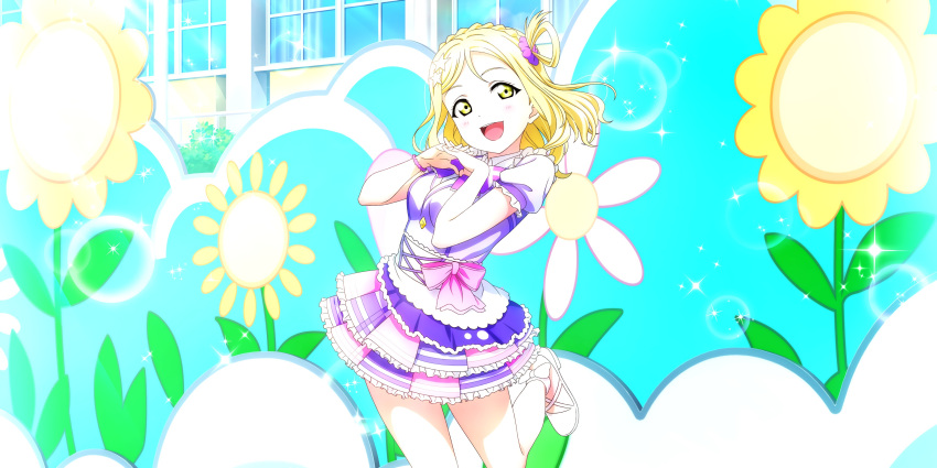 blonde_hair blush dress love_live!_school_idol_festival_all_stars ohara_mari short_hair smile sunflower yellow_eyes