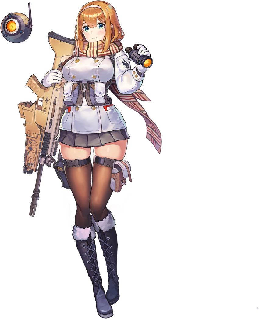 1girl 3: aqua_eyes bangs black_legwear blonde_hair blush boots breasts coat eyebrows_visible_through_hair full_body gloves grey_skirt gun hair_between_eyes hairband highres large_breasts last_origin long_hair looking_at_viewer official_art paintale pleated_skirt rifle scarf skirt solo t-12_cailleach_bheur tachi-e thigh-highs weapon white_gloves