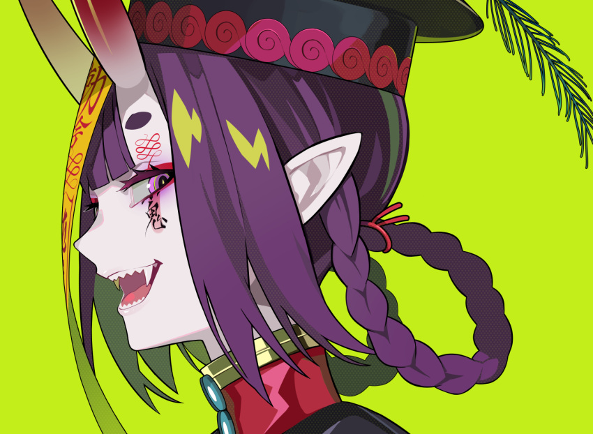 1girl :d bangs black_headwear blush braid commentary_request facial_hair fangs fate/grand_order fate_(series) from_side green_background green_hair hair_rings hat horns jiangshi looking_at_viewer looking_to_the_side multicolored_hair ofuda oni oni_horns open_mouth portrait purple_hair qing_guanmao ram_(ramlabo) sharp_teeth short_eyebrows shuten_douji_(fate/grand_order) simple_background smile solo teeth thick_eyebrows two-tone_hair violet_eyes