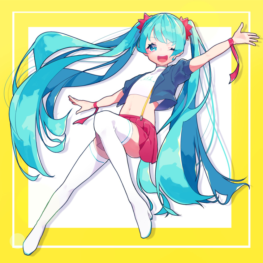1girl ;d alternate_costume bangs blue_eyes blue_hair blue_jacket blunt_bangs blush boots border clothes_writing eyebrows_visible_through_hair eyes_visible_through_hair flat_chest floating_hair full_body hatsune_miku highres jacket knee_up koyubita long_hair looking_at_viewer midriff navel no_nose number one_eye_closed open_clothes open_jacket open_mouth outside_border outstretched_arms palms pink_skirt pleated_skirt puffy_short_sleeves puffy_sleeves ribbon round_teeth shiny shiny_hair short_sleeves sidelocks simple_background skirt smile solo suspender_skirt suspenders tank_top teeth thigh-highs thigh_boots twintails upper_teeth very_long_hair vocaloid white_background white_footwear white_tank_top wrist_ribbon yellow_border zettai_ryouiki