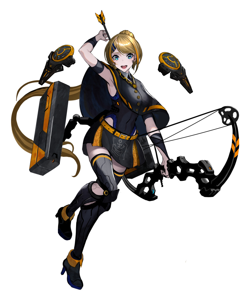 1girl absurdres android armpits arrow asagon007 blonde_hair bow_(weapon) gloves green_eyes highres holding holding_arrow holding_bow_(weapon) holding_weapon long_hair open_mouth original ponytail science_fiction solo tattoo weapon