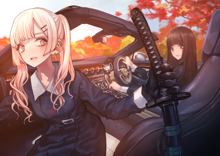 2girls absurdres autumn_leaves bangs black_gloves black_hair blonde_hair blue_eyes blunt_bangs car commentary_request day ear_piercing earrings gloves ground_vehicle hair_ornament hairclip highres jewelry katana koh_(minagi_kou) long_hair looking_at_another motor_vehicle multiple_girls outdoors parted_lips piercing red_eyes school_uniform sitting smile sword twintails weapon