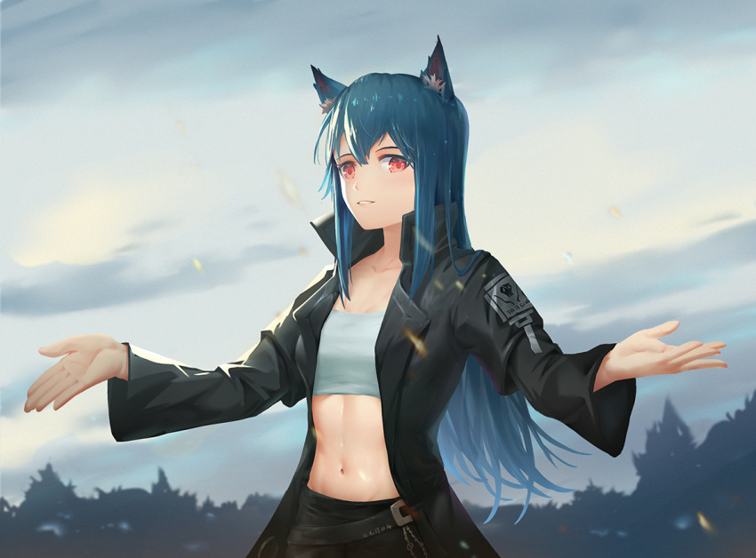 1girl animal_ear_fluff animal_ears arknights bangs belt black_belt black_jacket blue_hair chinese_commentary collarbone commentary_request cowboy_shot crop_top er_tu hair_between_eyes jacket long_hair long_sleeves looking_at_viewer midriff navel open_clothes open_jacket outdoors parted_bangs partial_commentary red_eyes shirt sidelocks solo standing stomach texas_(arknights) white_shirt wide_sleeves wolf_ears