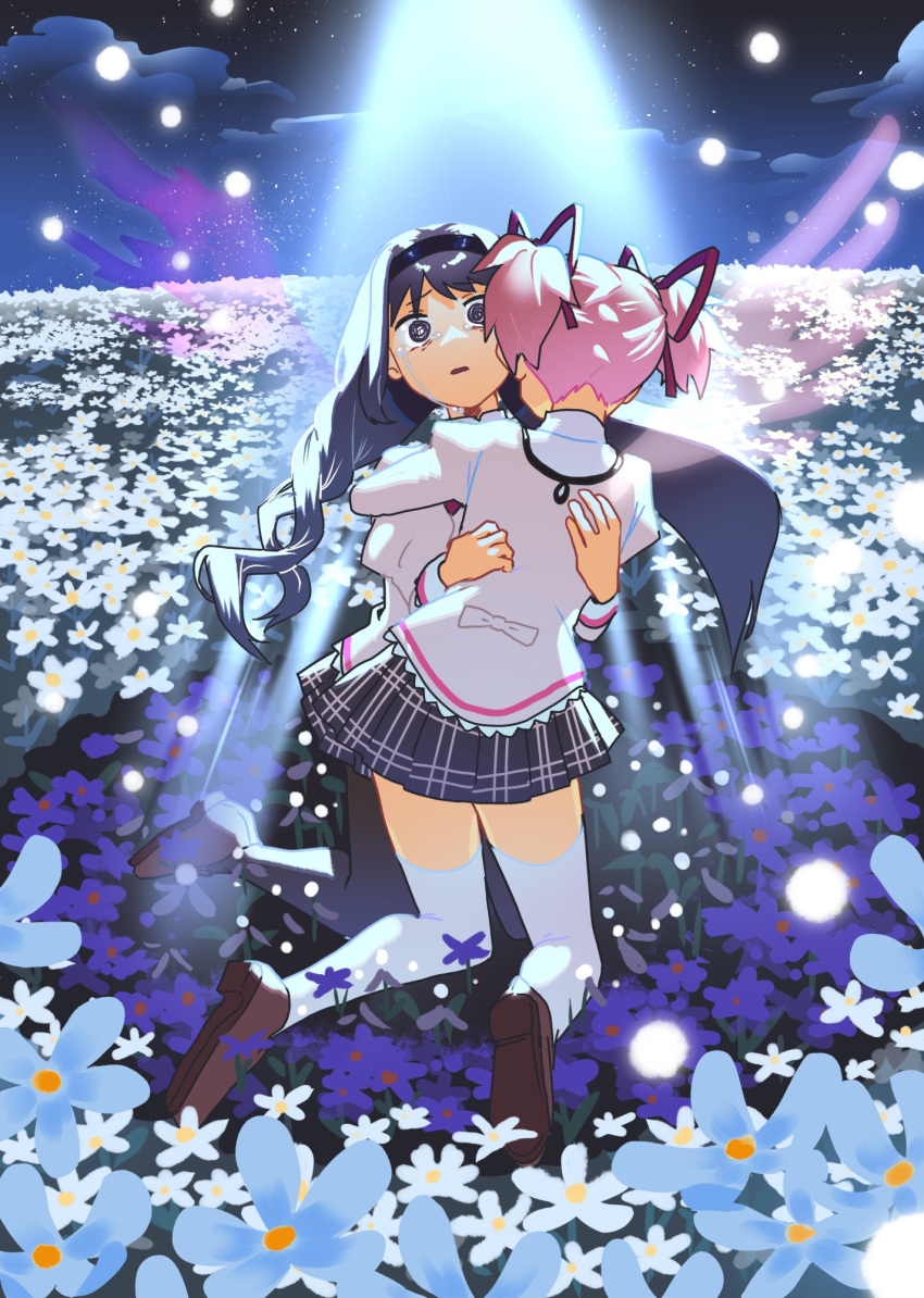 2girls akemi_homura asymmetrical_hair backlighting black_hair black_hairband black_legwear black_skirt brown_footwear clouds collared_shirt commentary_request crying crying_with_eyes_open empty_eyes eyebrows_visible_through_hair facing_away field floating_hair flower flower_field from_behind frown full_body furrowed_eyebrows goddess_madoka hair_ribbon hairband hands_on_another's_back highres hug juliet_sleeves kaname_madoka kneeling light_particles loafers long_hair long_sleeves looking_away mahou_shoujo_madoka_magica mahou_shoujo_madoka_magica_movie mitakihara_school_uniform multiple_girls nape nature night night_sky no_nose outdoors pantyhose parted_lips pink_hair plaid plaid_skirt pleated_skirt puffy_sleeves purple_flower red_ribbon ribbon sad school_uniform shadow shirt shoes short_twintails skirt sky spotlight star_(sky) starry_sky streaming_tears tears thigh-highs thighs transparent_wings twintails uniform white_flower white_legwear wings yooki_(winter_cakes)