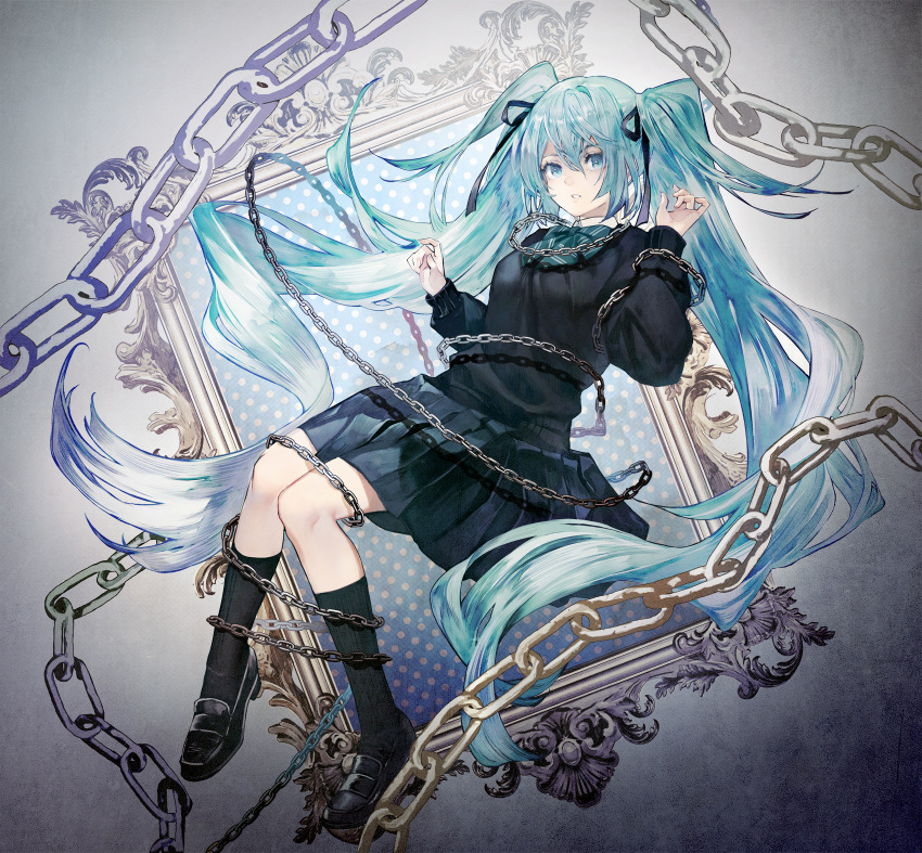 1girl :o alternate_costume aqua_bow aqua_eyes aqua_hair aqua_neckwear bangs banpai_akira black_footwear black_legwear black_ribbon black_skirt black_sweater bow bowtie chain chained commentary_request full_body gradient gradient_background grey_background hair_between_eyes hair_ribbon hatsune_miku highres kneehighs loafers long_hair long_sleeves looking_at_viewer parted_lips picture_(object) picture_frame pleated_skirt ribbon shoes skirt solo striped striped_bow striped_neckwear sweater twintails very_long_hair vocaloid