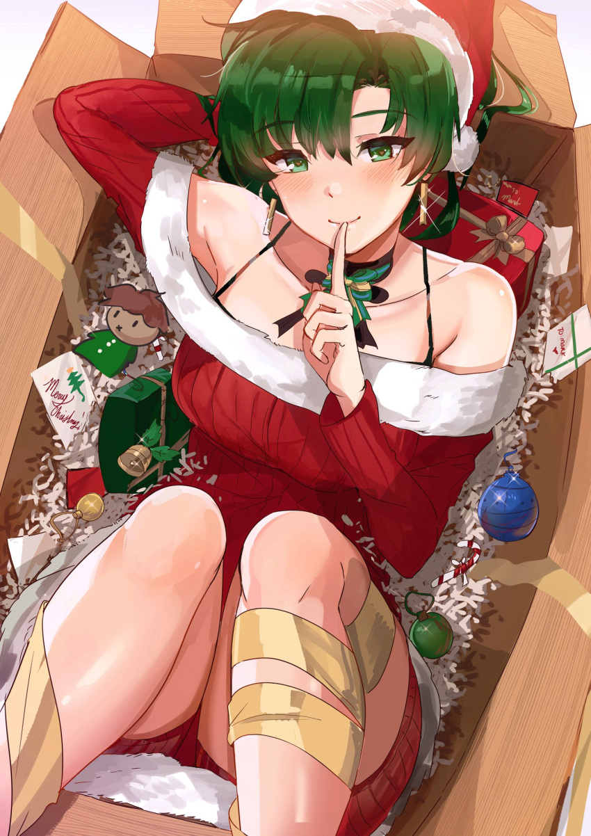 1girl bell blush cameo candy candy_cane character_doll christmas christmas_ornaments christmas_present earrings fate/grand_order fate_(series) fire_emblem fire_emblem:_rekka_no_ken fire_emblem_blazing_sword fire_emblem_heroes food fur_trim green_eyes green_hair hair_between_eyes hat heart heart_earrings highres intelligent_systems jewelry lyn_(fire_emblem) lyndis_(fire_emblem) merry_christmas nintendo ormille ribbon santa_costume santa_hat shh shuten_douji_(fate/grand_order) smile solo super_smash_bros. type-moon yellow_ribbon