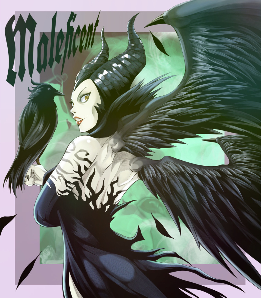1girl back bird bird_on_hand black_nails black_wings character_name corruption disney dress eyelashes eyeshadow feathered_wings fingernails green_skin green_smoke highres horns lips lipstick looking_at_viewer looking_back makeup maleficent nose pale_skin raven_(animal) sharp_fingernails side_slit sleeping_beauty solo strapless strapless_dress to-ru wings yellow_eyes